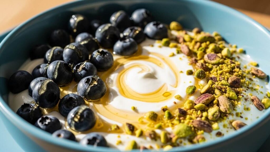 Greek yogurt bowl close-up with blueberries, pistachios and honey, perfect for healthy breakfast recipes.