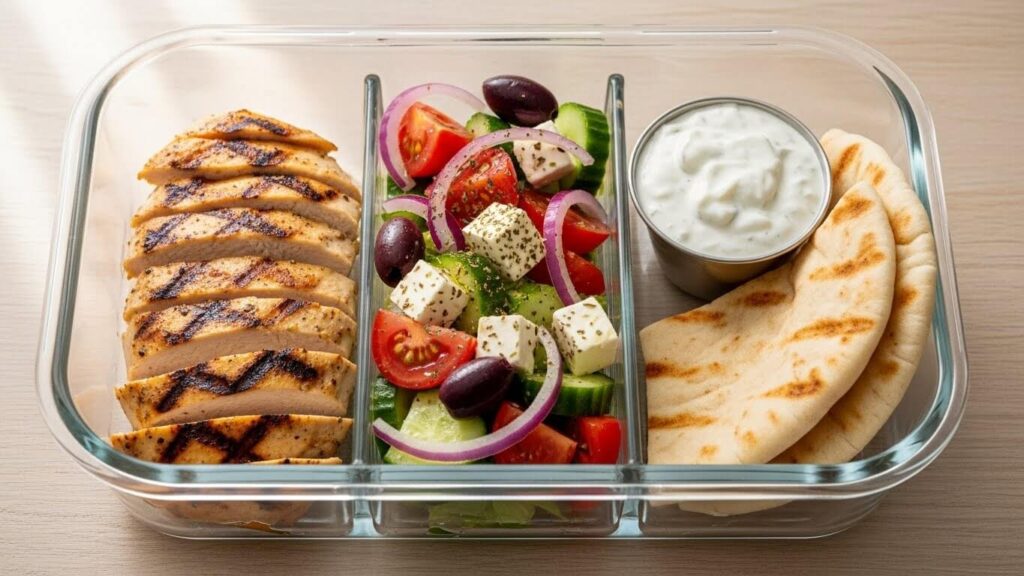 Mediterranean diet meal prep containers with Greek wrap components.