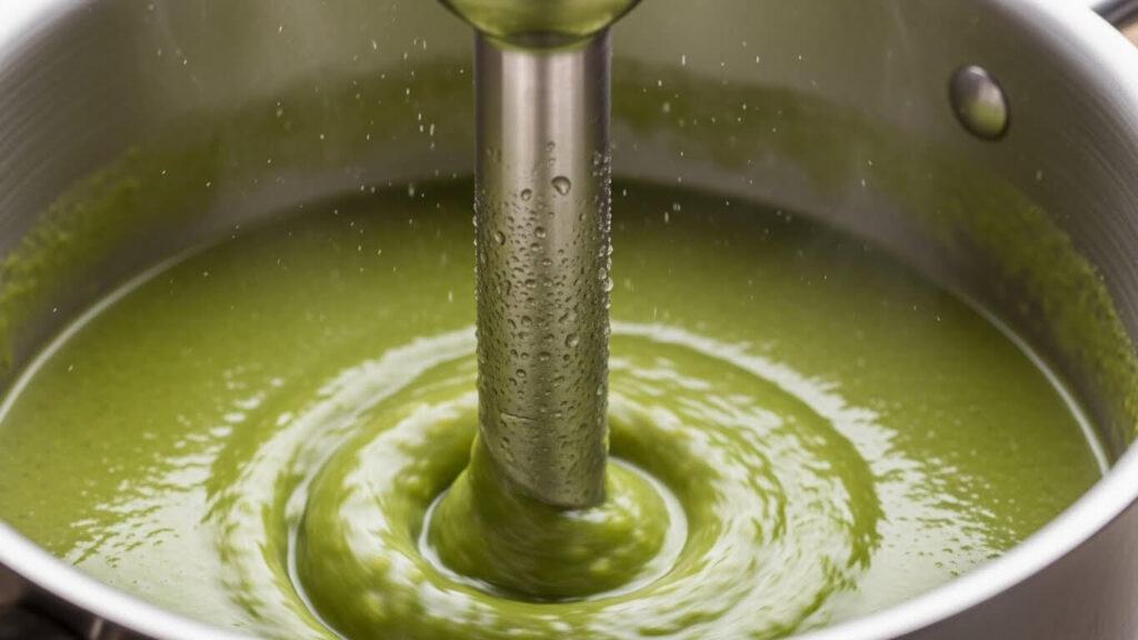 Immersion blender making creamy broccoli white bean soup without adding heavy cream.