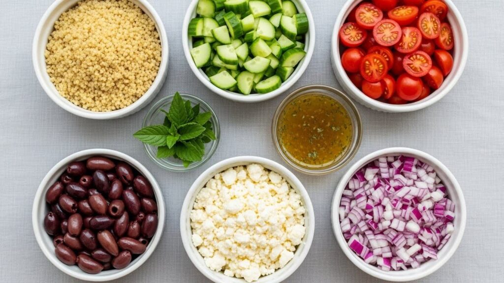 Flat-lay image showing all the fresh, high-quality ingredients for Greek Quinoa Salad: cooked quinoa, tomatoes, cucumbers, feta, olives and dressing.