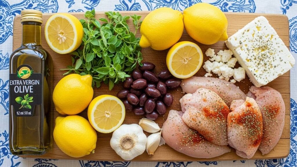 Flat lay of fresh Mediterranean diet ingredients including chicken, orzo, olive oil, lemon, feta and fresh herbs.