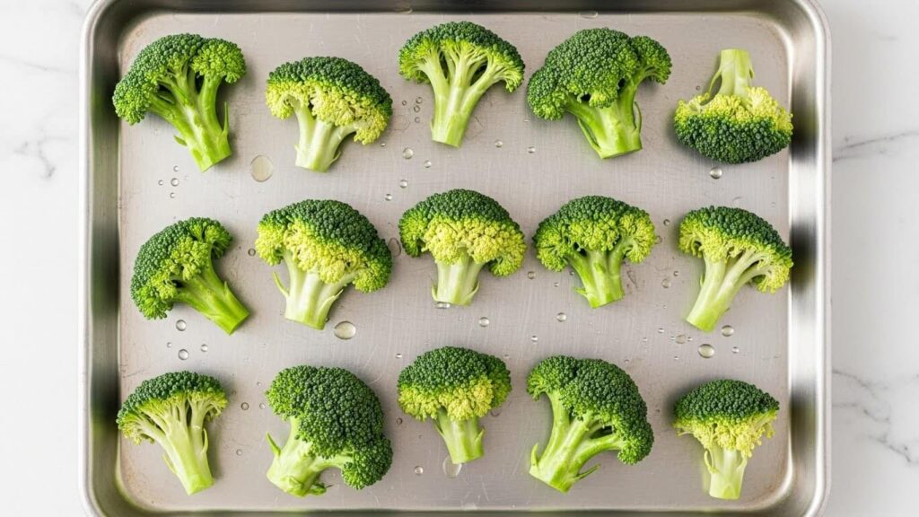Broccoli florets evenly spread out in a single layer on a sheet pan to prevent steaming.