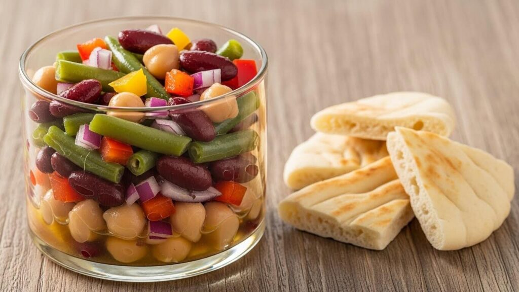 3-bean salad in a meal prep container with whole-wheat pita