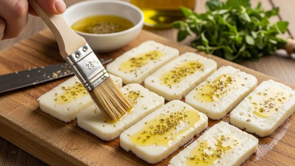Hand brushing halloumi slices with olive oil and dried oregano on a wooden board. Prep step.