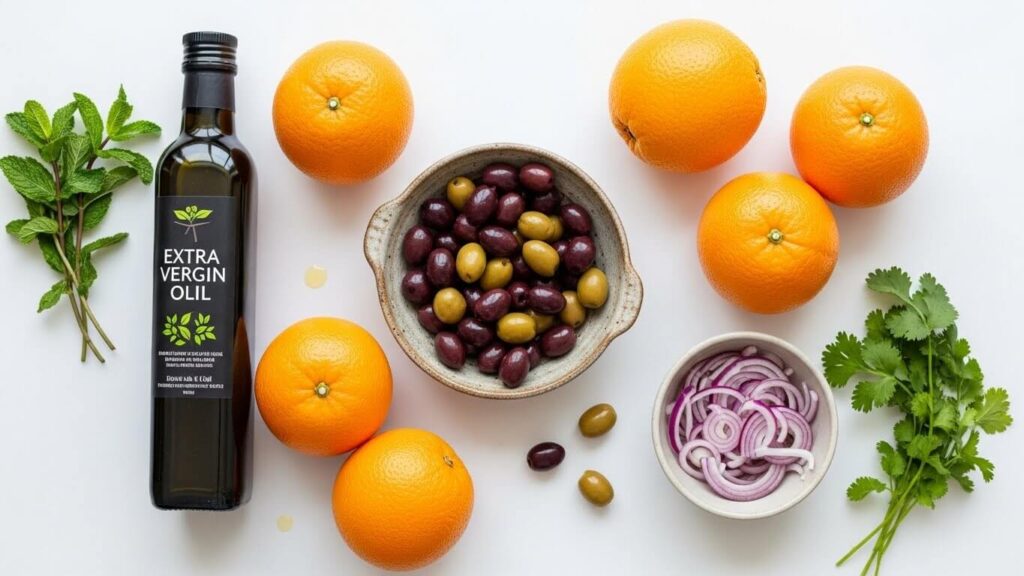 Orange and olive salad ingredients laid out: oranges, mixed olives, red onion, olive oil and fresh herbs.