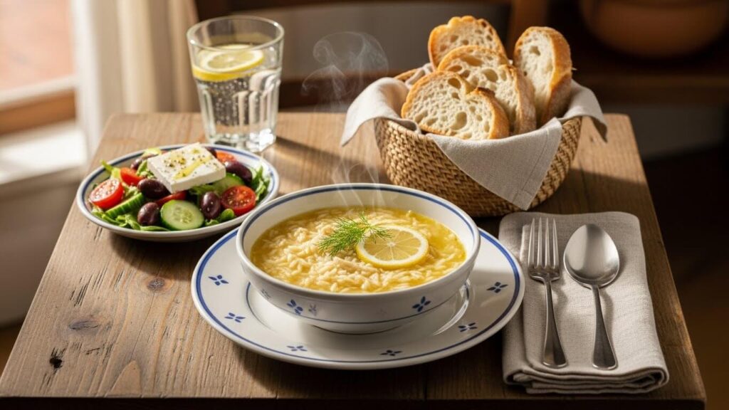 Complete Mediterranean meal: Lemon Chicken Orzo Soup served alongside a fresh Greek salad and crusty bread.