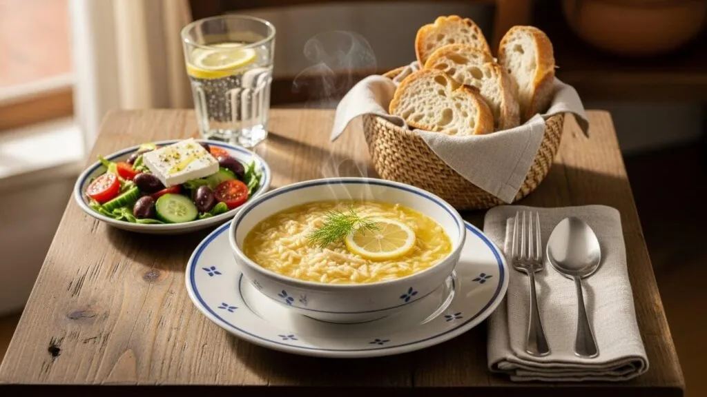 Complete Mediterranean meal: Lemon Chicken Orzo Soup served alongside a fresh Greek salad and crusty bread.