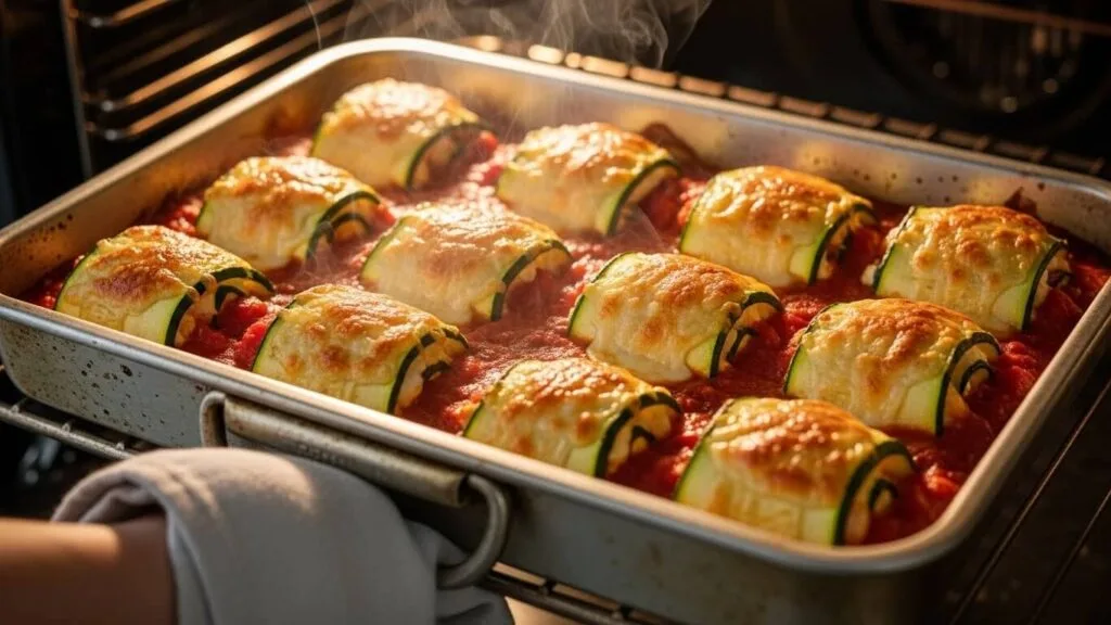 Baked zucchini roll ups in a 9x13 baking dish, hot and bubbling with marinara sauce after 30 minutes in the oven.