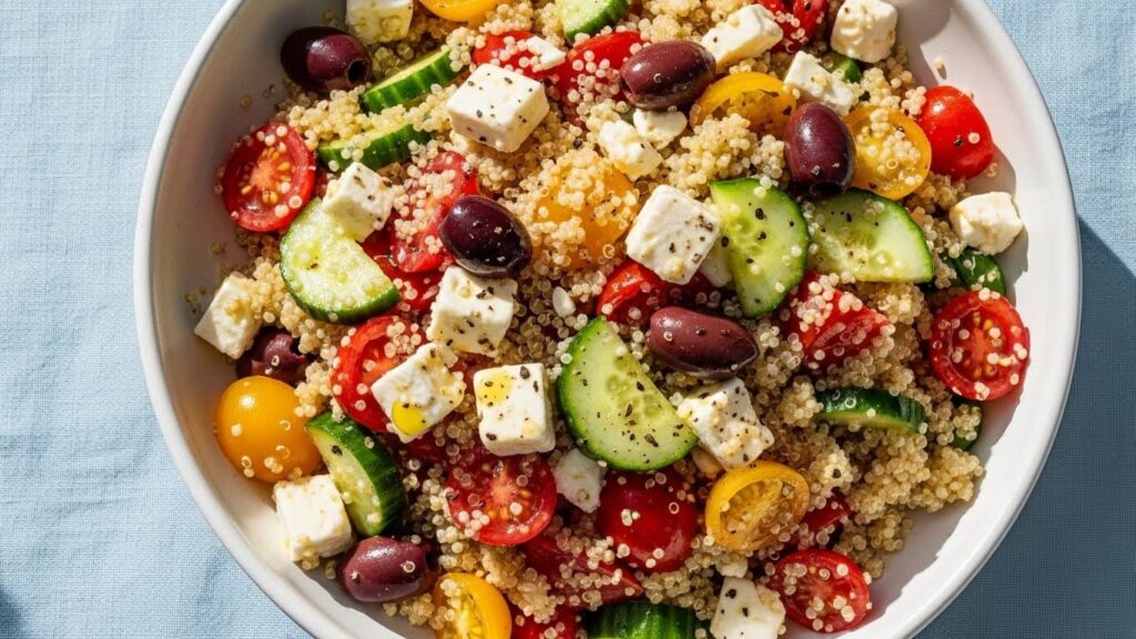 Greek Quinoa Salad recipe in a white bowl, showing fluffy quinoa, colorful tomatoes, cucumber, feta cheese and Kalamata olives, garnished with fresh oregano.