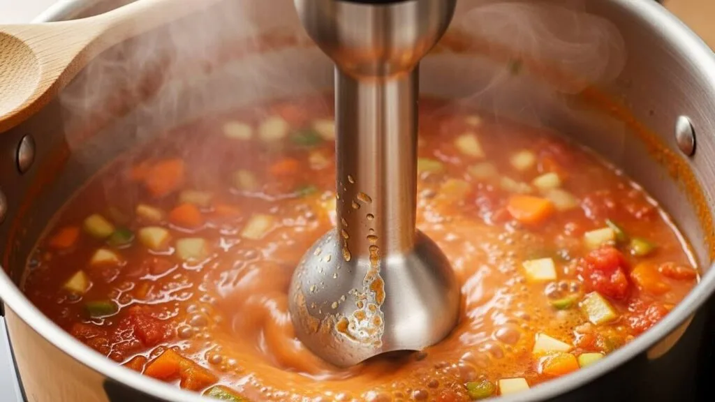 Step 4 using an immersion blender to blend part of the Tuscan white bean soup for creaminess.