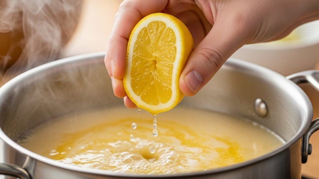 Hand squeezing fresh lemon juice into the pot of lemon chicken orzo soup after it has been removed from the heat.