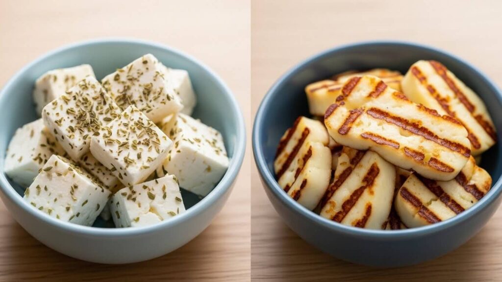 Comparison of Greek feta cheese cubes and slices of grilled Halloumi cheese on a small plate.