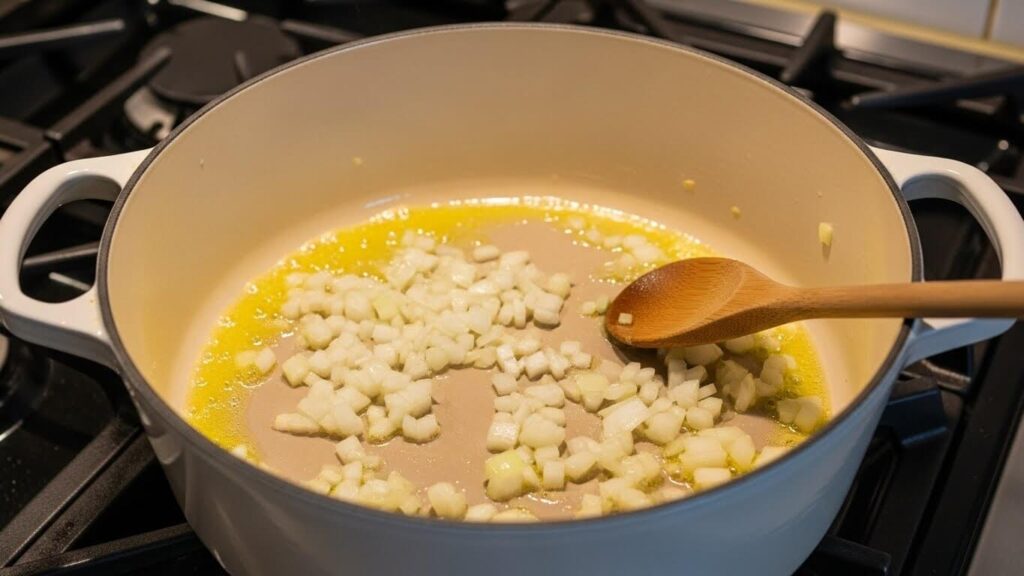 Sautéing onions and tomato puree in olive oil for trahana soup base