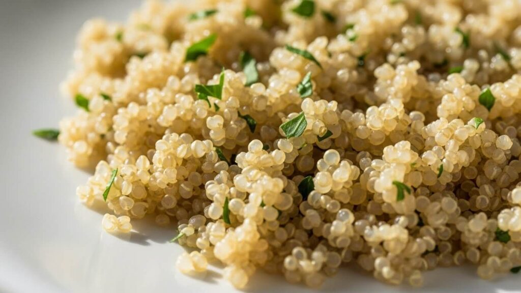 Close-up of perfectly cooked, fluffy quinoa, showing the separated grains ideal for a cold Greek salad base.