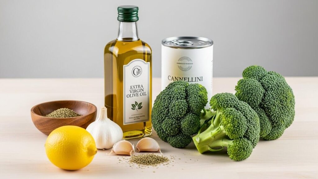 Essential ingredients for Mediterranean broccoli white bean soup, including olive oil, cannellini beans and fresh lemon.