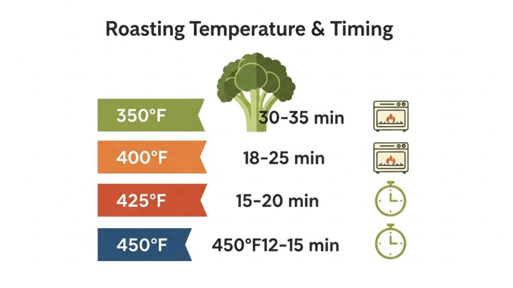 Graphic chart comparing roasting times and textures at 350, 400, 425 and 450 degrees Fahrenheit.