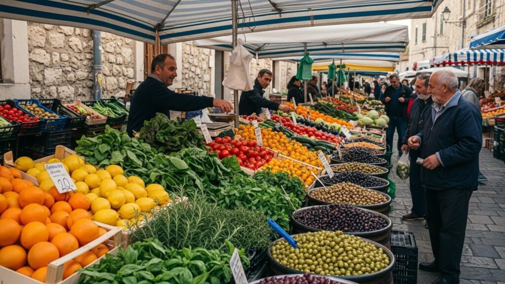 Mediterranean village market with seasonal fruits, vegetables, and herbs.