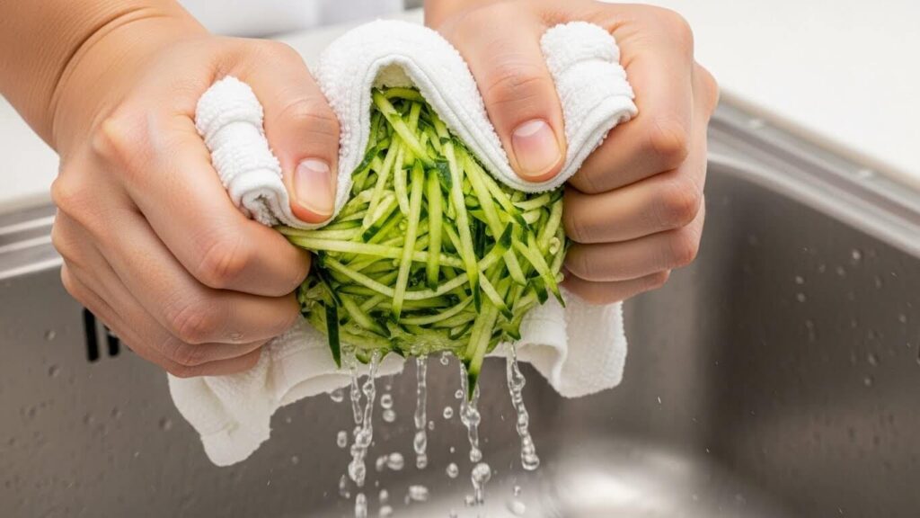 Squeezing water out of grated cucumber for homemade tzatziki sauce.