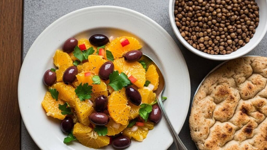 Orange and olive salad resting at room temperature, coated lightly in extra virgin olive oil.