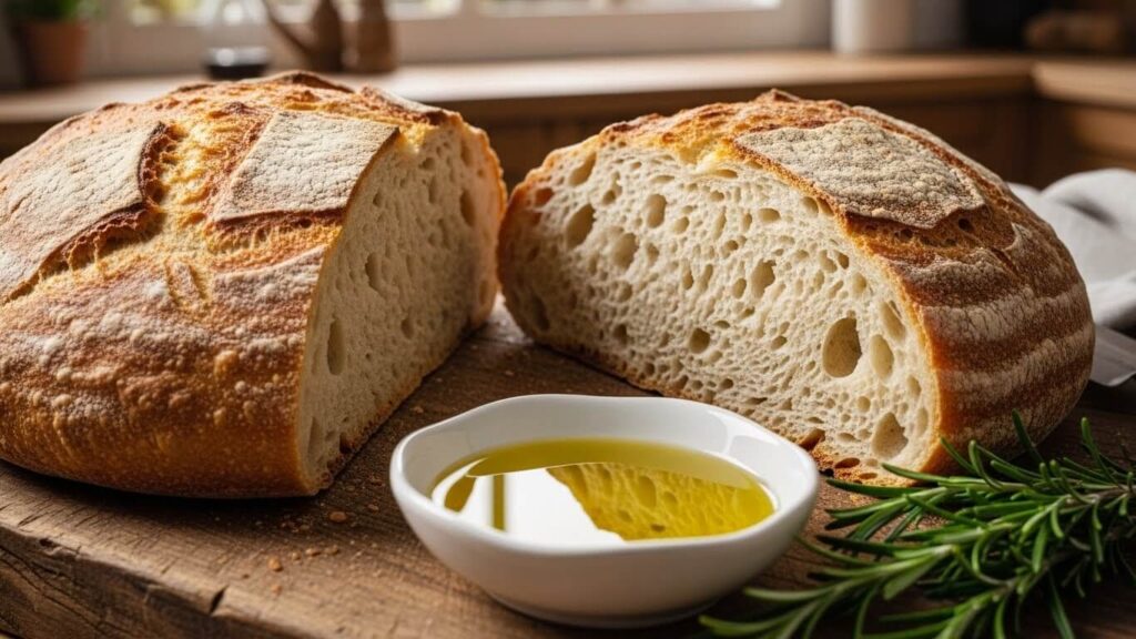 Rustic peasant bread recipe sliced to show the open, airy crumb structure.