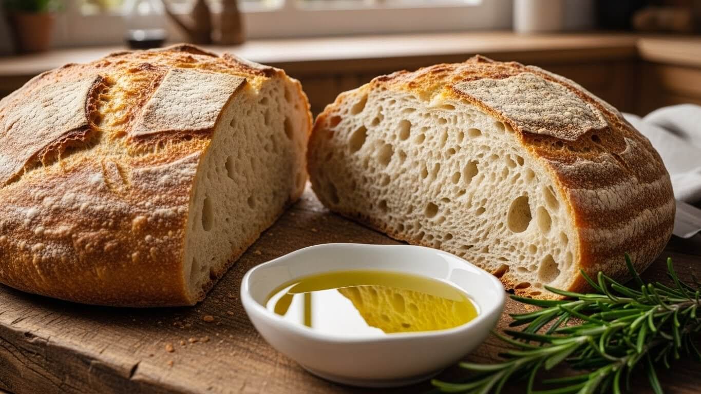 Rustic peasant bread recipe sliced to show the open, airy crumb structure.