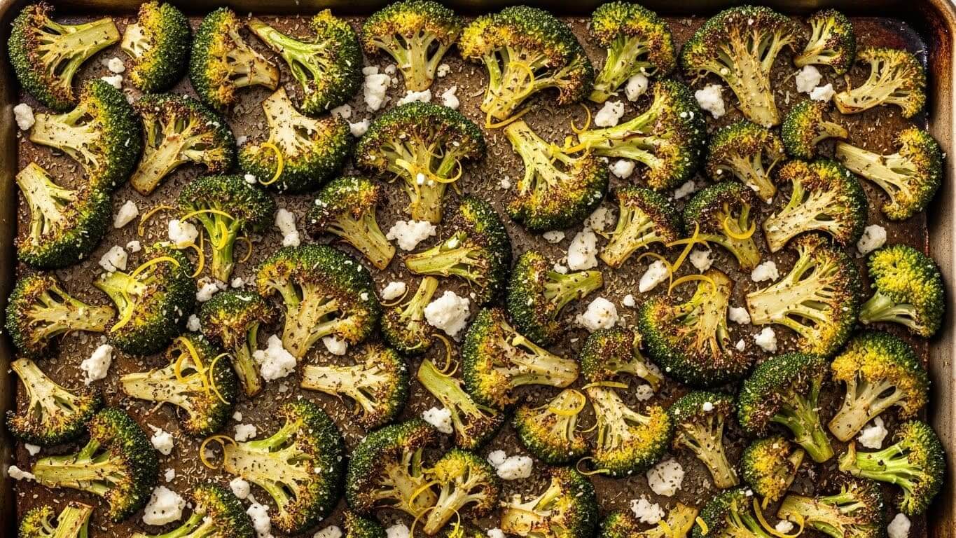 Crispy roasted broccoli on a sheet pan topped with lemon zest, feta and herbs.