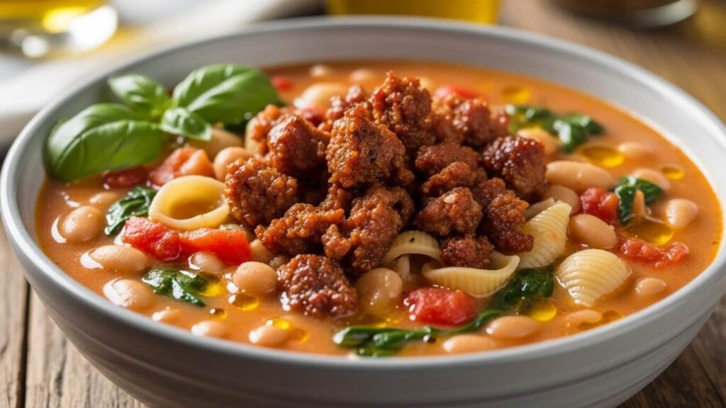 Tuscan white bean soup with crumbled Italian sausage high-protein version.