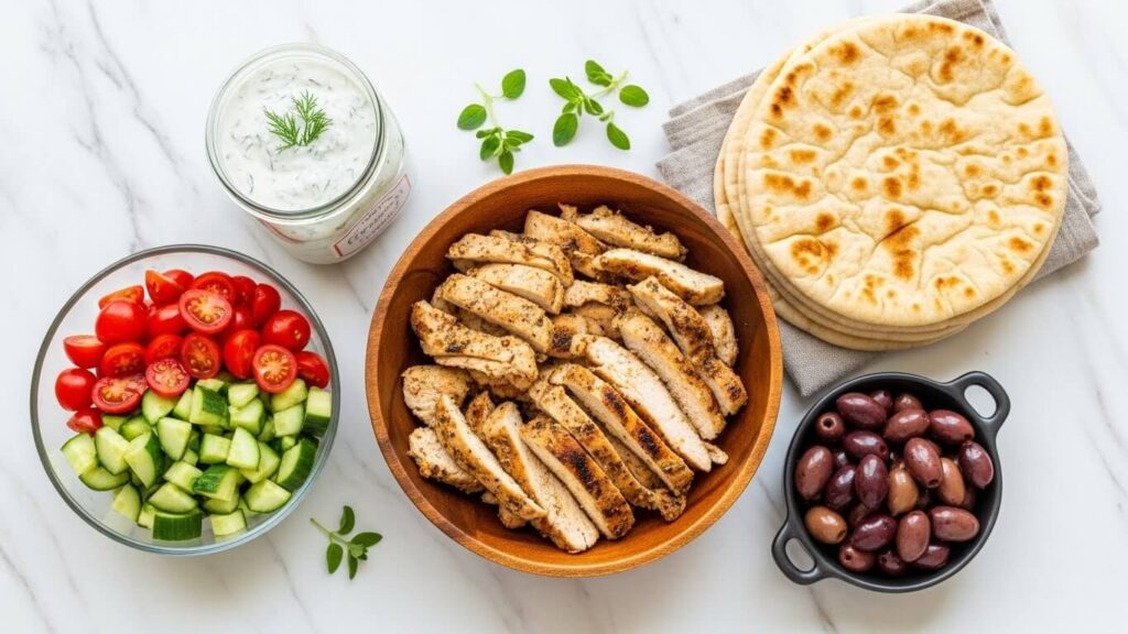 Ingredients for Greek wrap recipe including chicken, pita, vegetables and feta