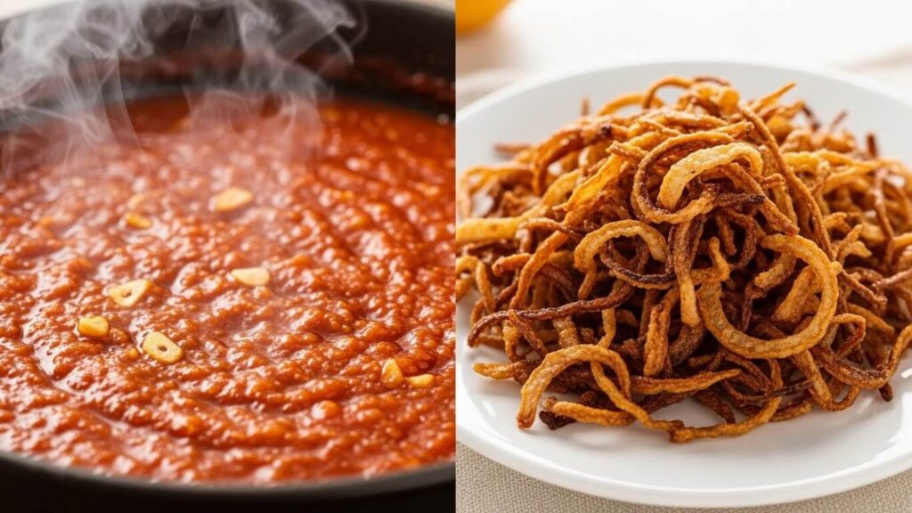 koshari sauce recipe - traditional tomato garlic vinegar sauce and crispy onions