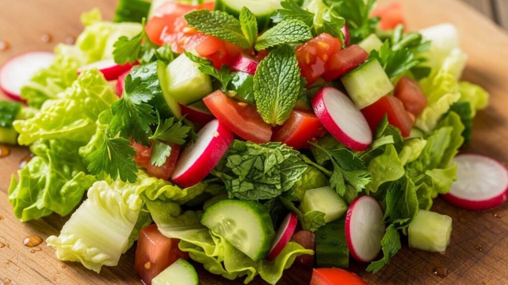 Finely chopped vegetables and fresh herbs for a vibrant Levantine salad.