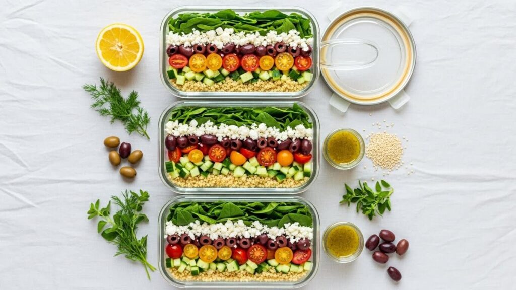 Three meal prep containers filled with Greek Quinoa Salad, showing the layered arrangement of dressing, quinoa, vegetables and feta for easy transport.