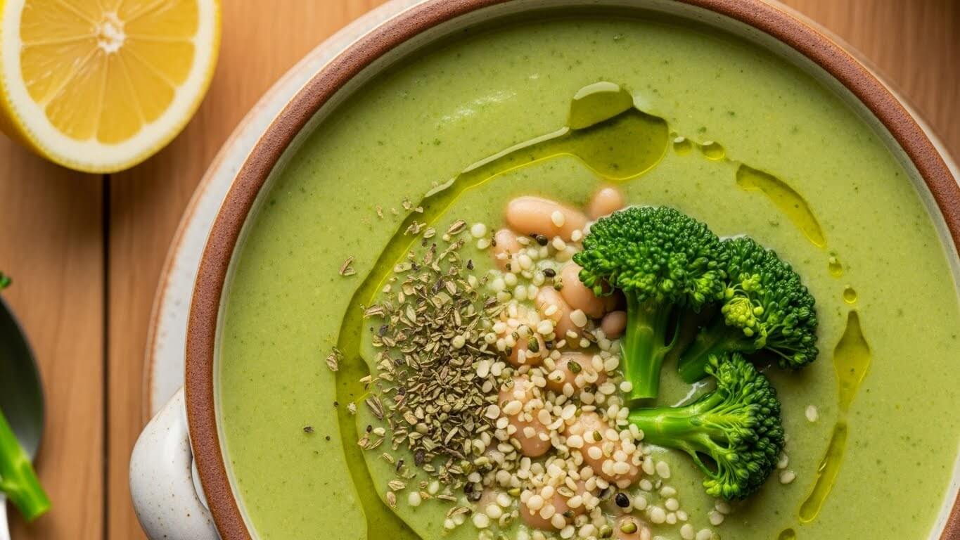 Crispy and creamy broccoli white bean soup recipe with Mediterranean olive oil and cannellini beans