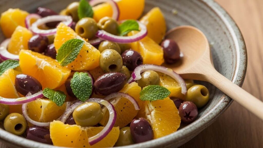 Vegan orange and olive salad served as a light Mediterranean dinner with lentils and flatbread.