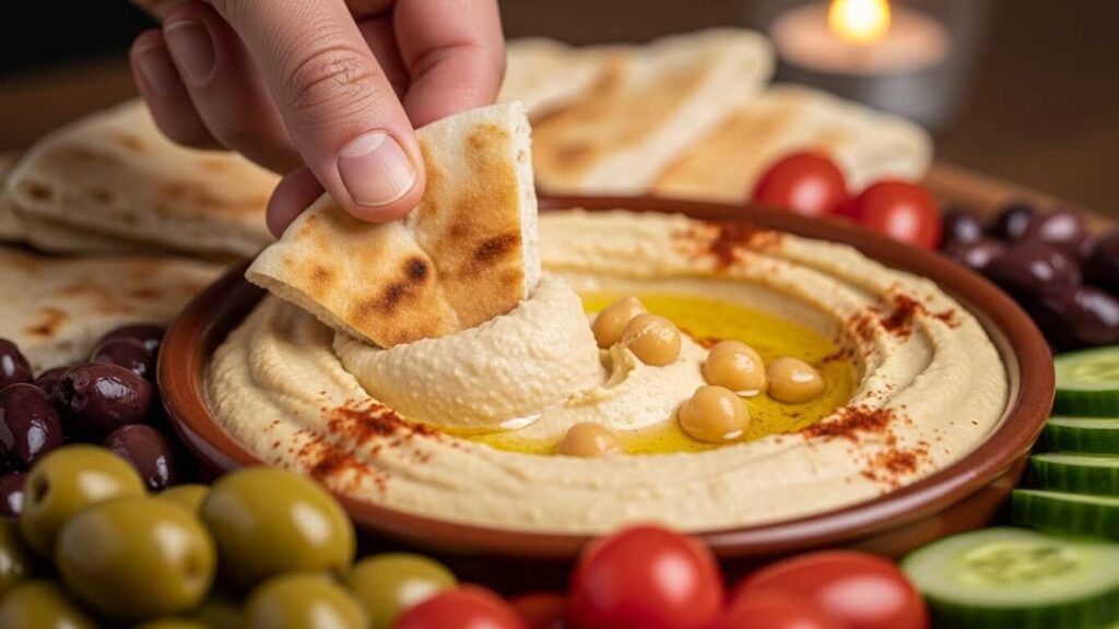 Hand dipping warm pita bread into a smooth bowl of homemade hummus on a shared platter.