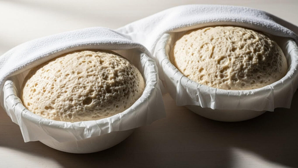 Bowl bread dough rising for the second time in two small Pyrex bowls before baking.