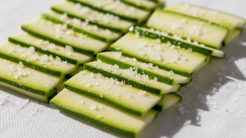Zucchini strips sweating out water on a kitchen towel after being sprinkled with coarse salt to prevent a watery lasagna.