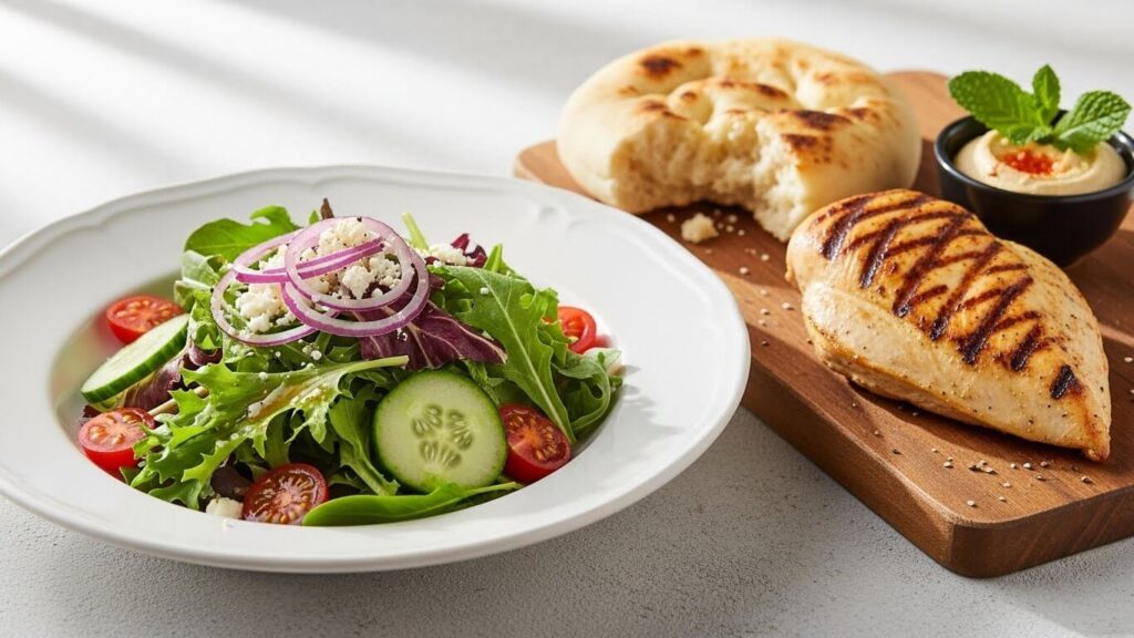 Plated Baladi Salad Served with Grilled Chicken and Bread