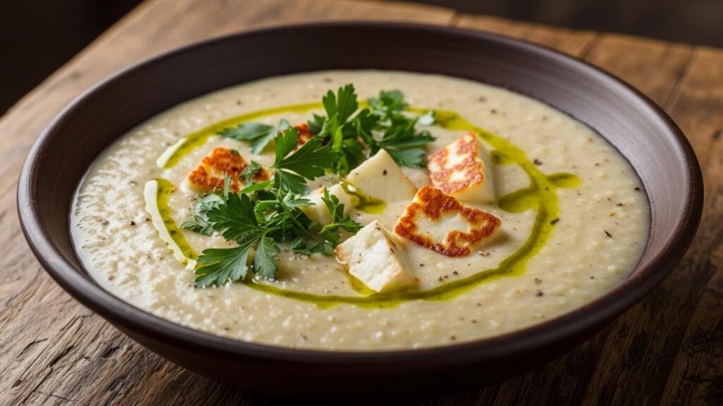Traditional Cypriot Trahana Soup with halloumi and olive oil