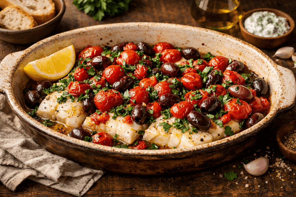 Greek Baked Cod recipe baked in a white ceramic dish with cherry tomatoes, Kalamata olives and fresh herbs.