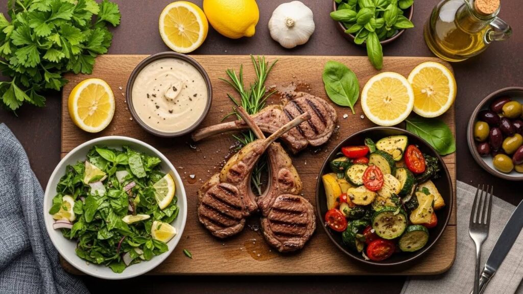 Dairy-free Mediterranean meal with grilled lamb, roasted vegetables, herb salad and tahini sauce