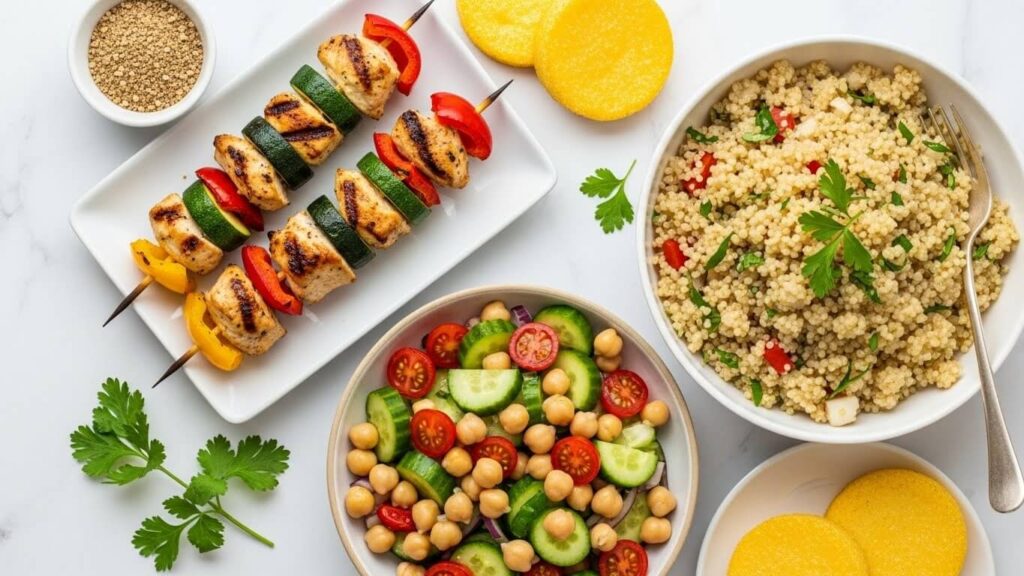 Gluten-free Mediterranean meal with grilled chicken, quinoa, chickpea salad and polenta
