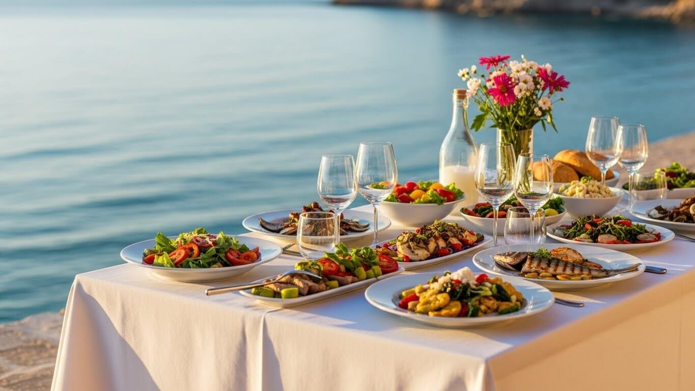 Mediterranean dining table with fresh meals overlooking the sea at sunset representing daily Mediterranean diet lifestyle
