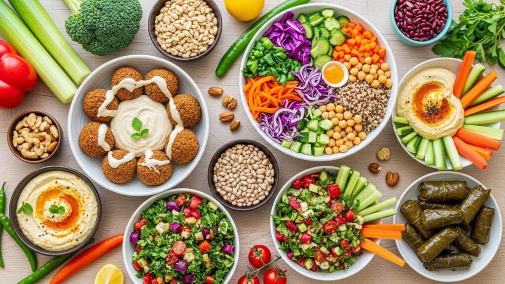 Vegan Mediterranean feast with falafel, roasted vegetable Buddha bowl, hummus and fresh salads