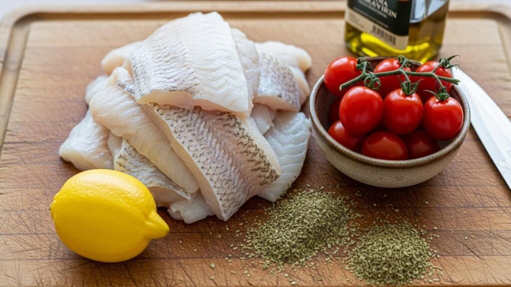 Essential ingredients for Mediterranean cod recipe: Cod fillets, fresh tomatoes, Kalamata olives, lemon and olive oil.