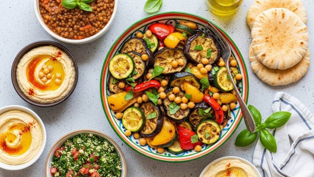 Vegetarian Mediterranean meal with roasted vegetables, lentil stew, hummus and whole grain salad