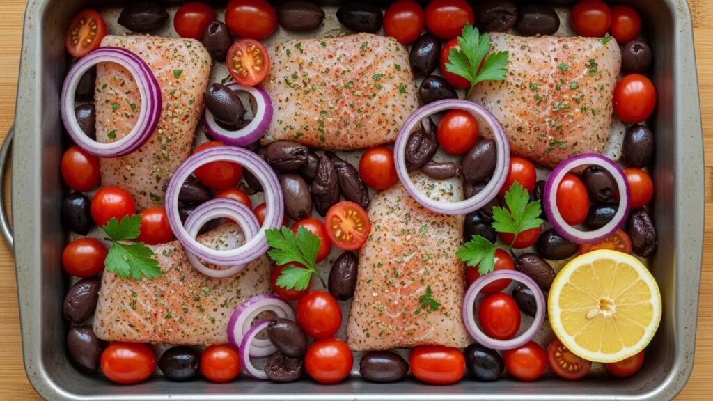 Assembling the one-pan Greek baked cod before baking, showing the fresh ingredients coated in a lemon-oregano marinade.