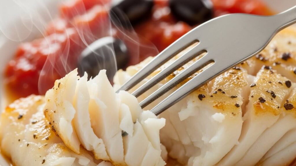 Close-up of perfectly flaky cod being tested with a fork, showing the moist texture after baking.