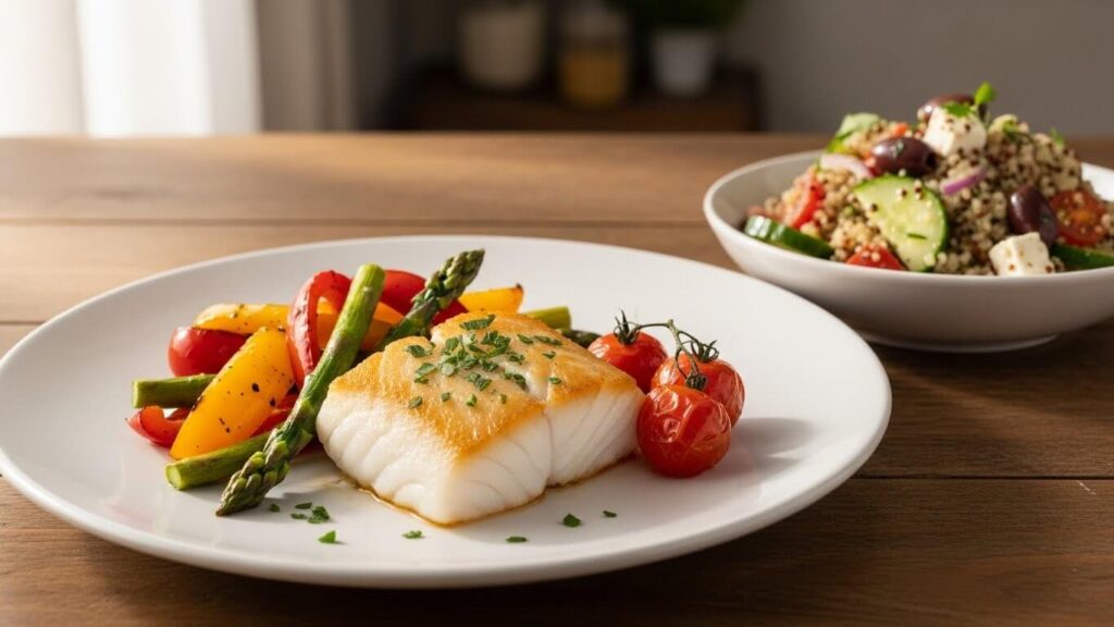Plated baked cod dinner served with a side of Greek Quinoa Salad, emphasizing the healthy, complete meal concept.