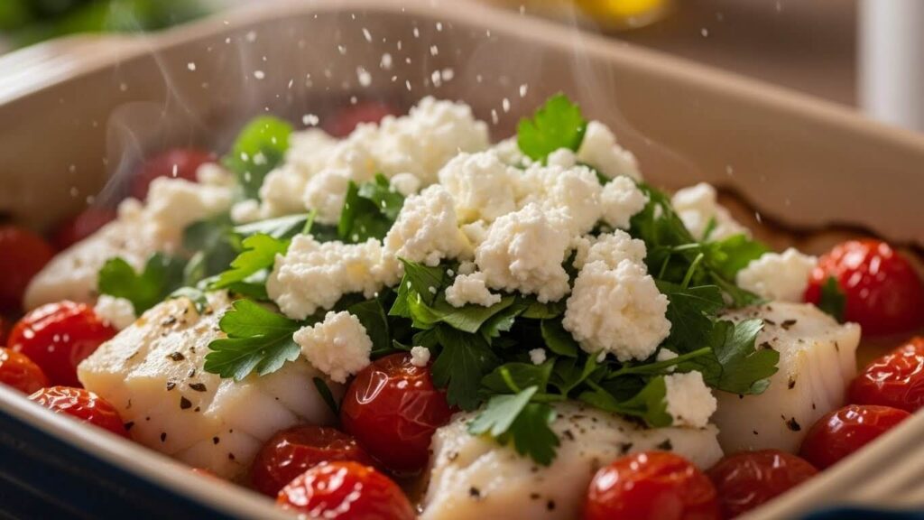 Crumbled feta cheese and fresh parsley garnish being added to the hot Greek Baked Cod.
