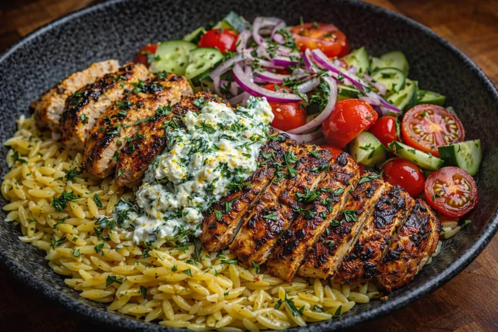 Lemon Dijon Chicken Orzo Bowl with feta and fresh herbs.